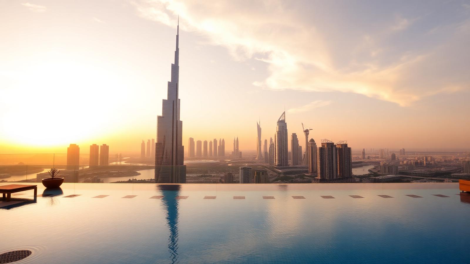 Dubai skyline at golden hour seen from a rooftop pool