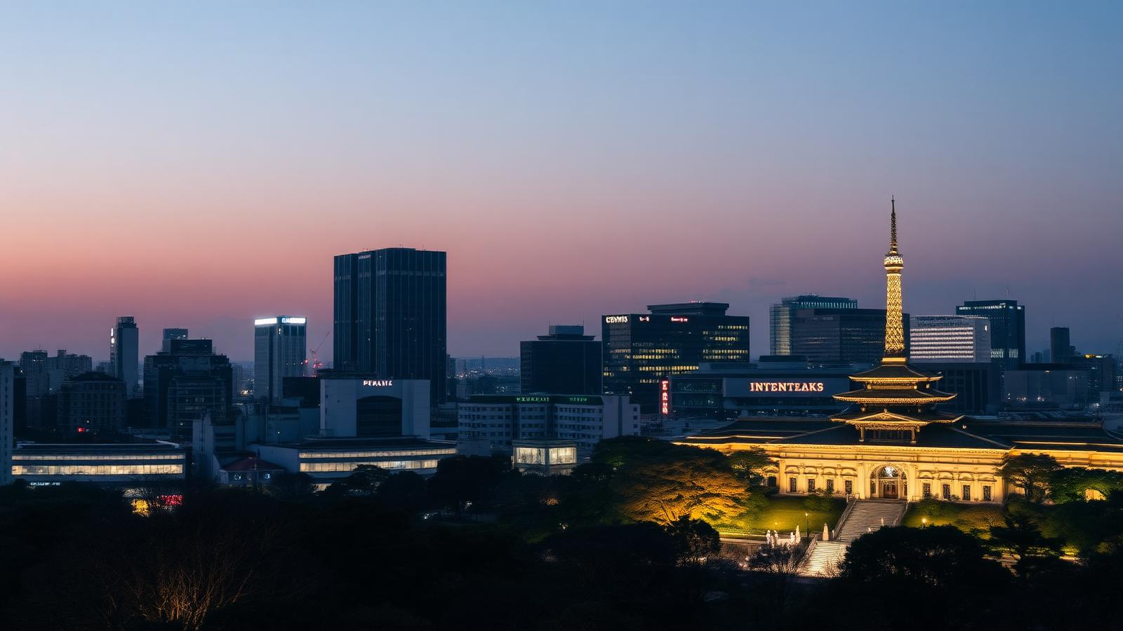 Tokyo skyline at dusk near the Imperial Palace gardens